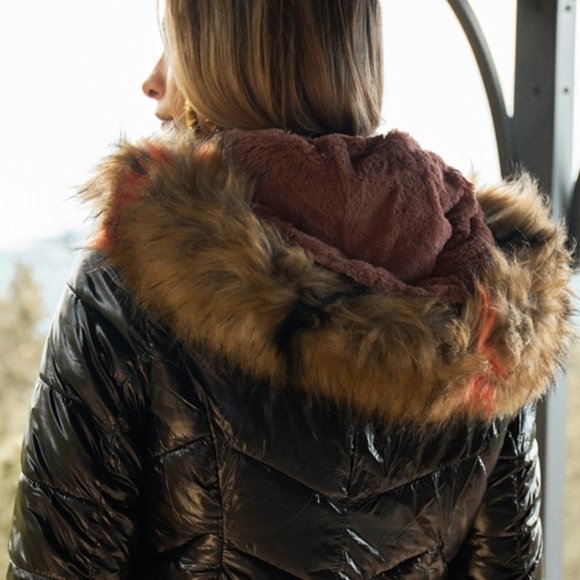 FLEECED LINED PUFFER JACKET - black Hoodie Faux fu - Picture 4 of 5